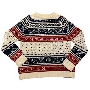 Vintage Sweater Nordic Fair‎ Isle Knit Cream Navy Red Geometric Crewneck Large